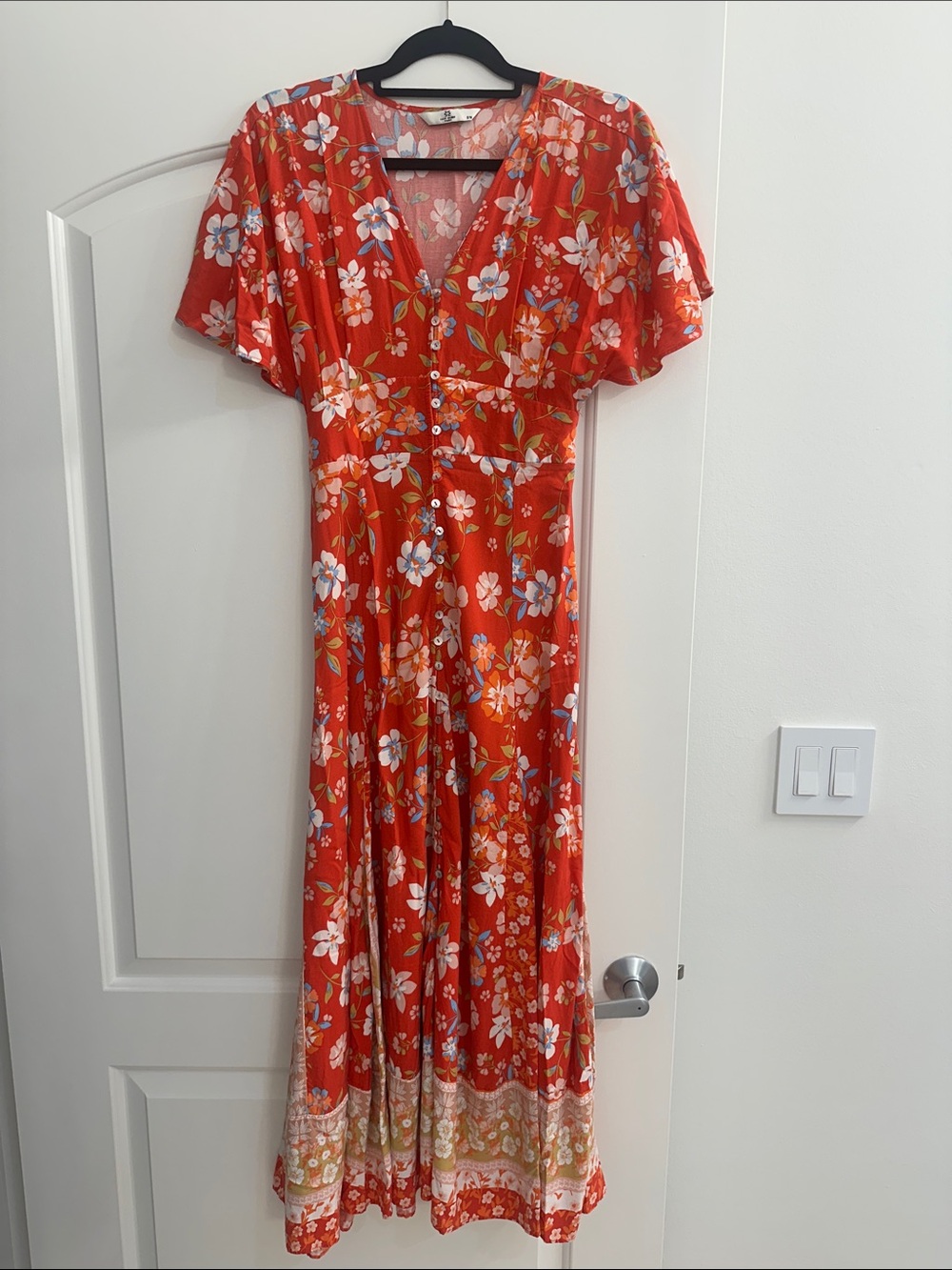 Red Floral Maxi Dress with V-Neck